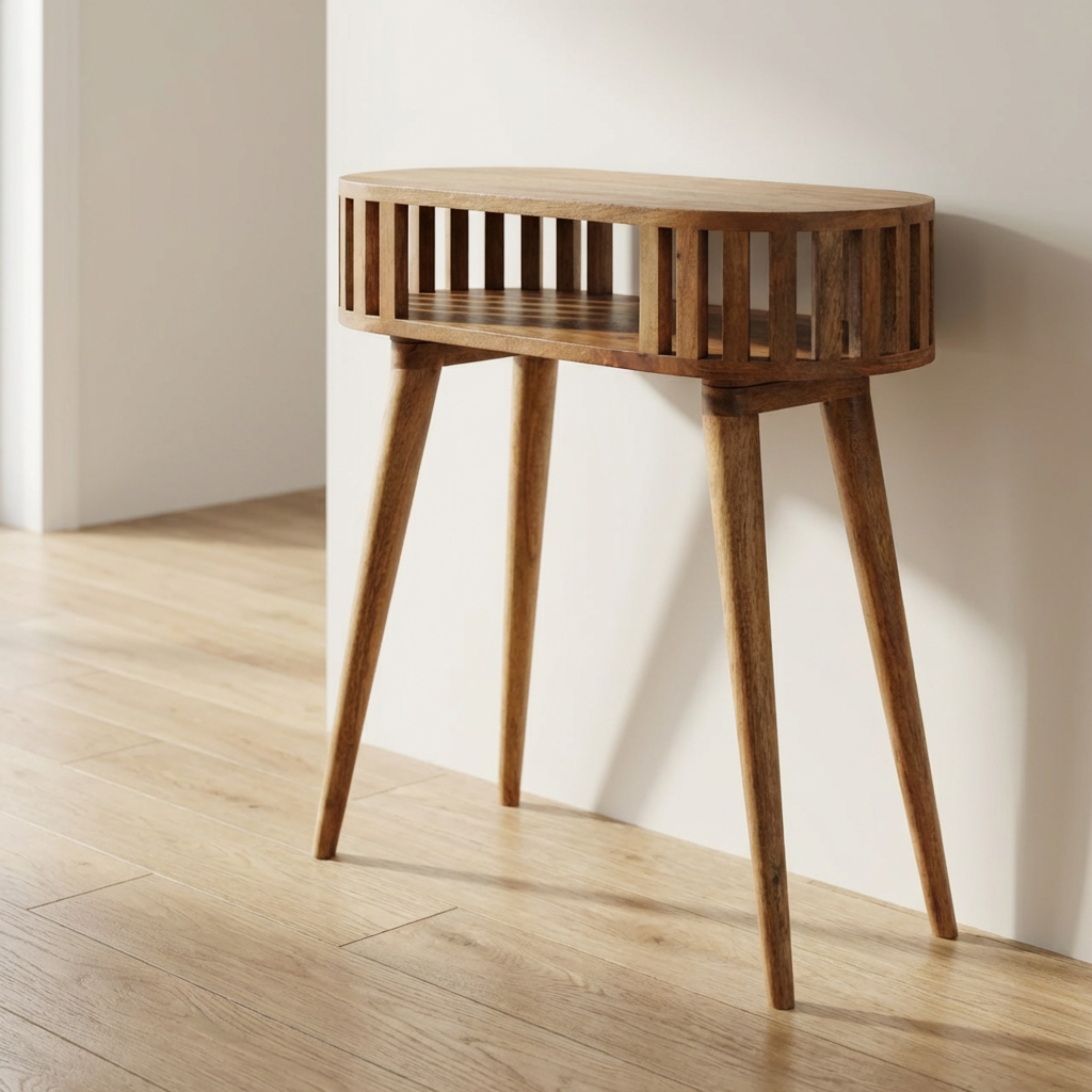Mid-Century Modern Ariella Console Table - Solid Mango Wood Hallway Console for Entryway - main view showing handcrafted...