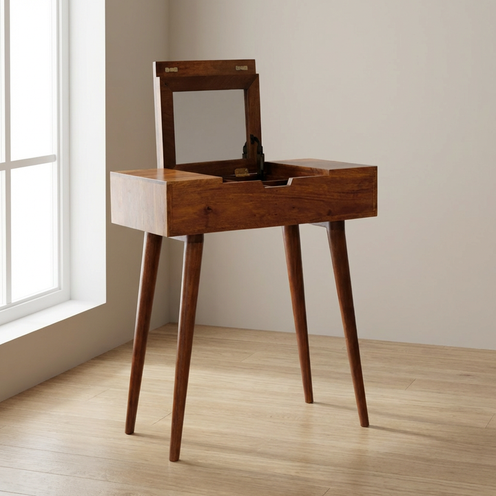 Mid-Century Modern Mini Chestnut Fold Dressing Table - Solid Mango Wood Vanity Table for Bedroom - main view showing...