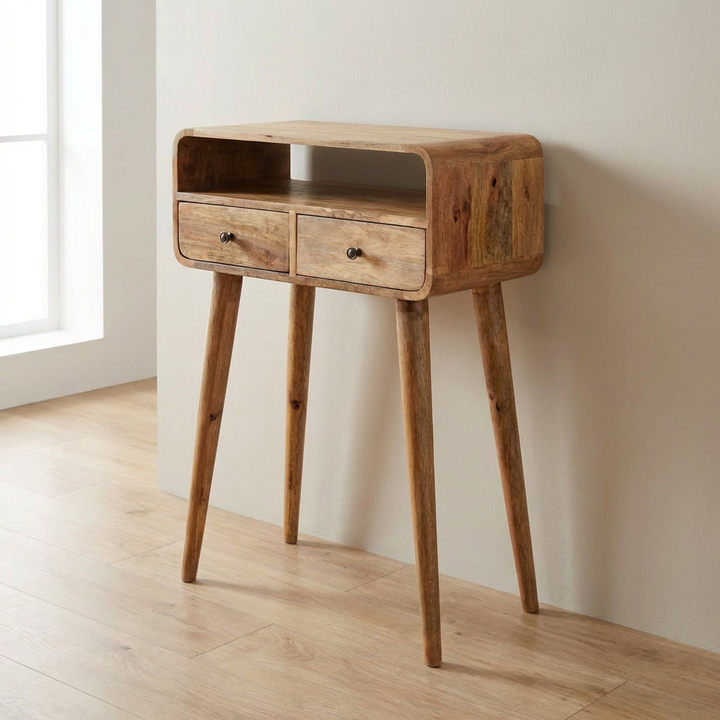 Mini Curved Oak-ish Console Table made of mango wood entryway console table, featuring storage drawers and elegant design.