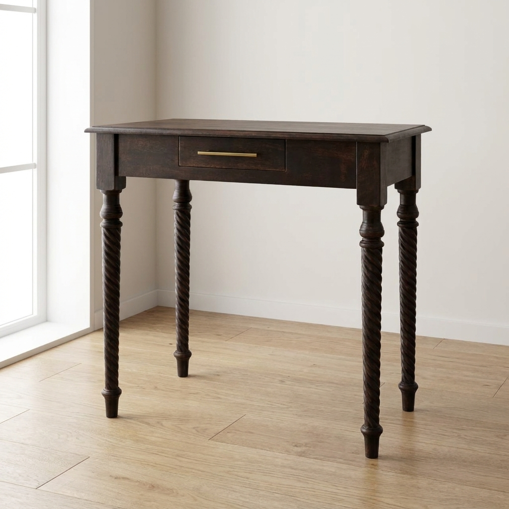 Cordelier Turned-Leg Writing Desk - Solid Mango Wood Writing Table for Home Office - main view showing handcrafted solid...