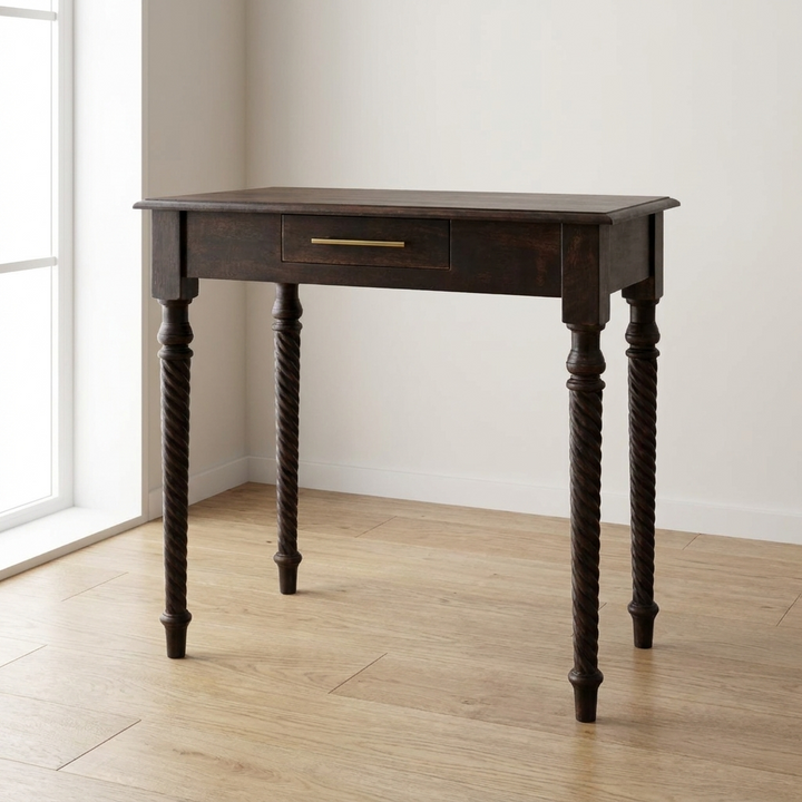 Cordelier Turned-Leg Writing Desk - Solid Mango Wood Writing Table for Home Office - main view showing handcrafted solid...