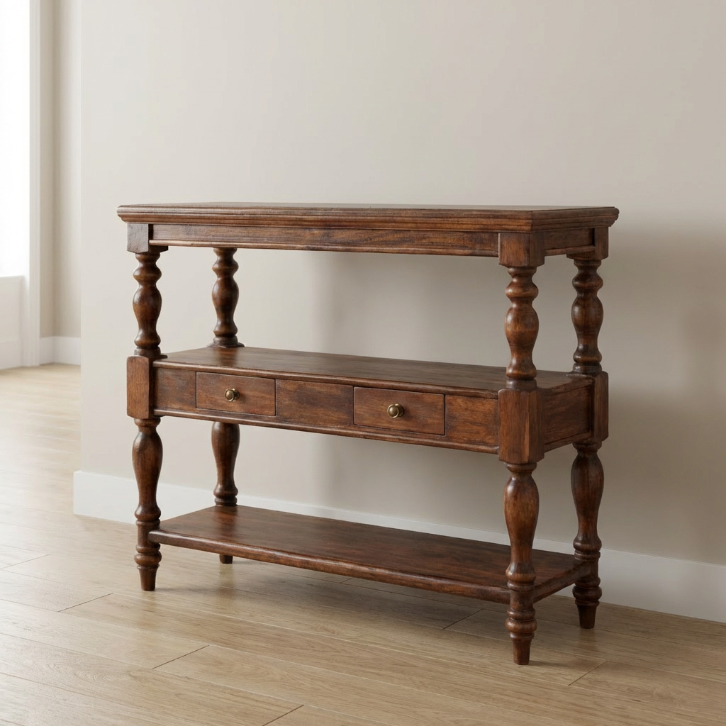 Solid Wood Turned Leg Console Table - Solid Mango Wood Hallway Console for Entryway - main view showing handcrafted solid...