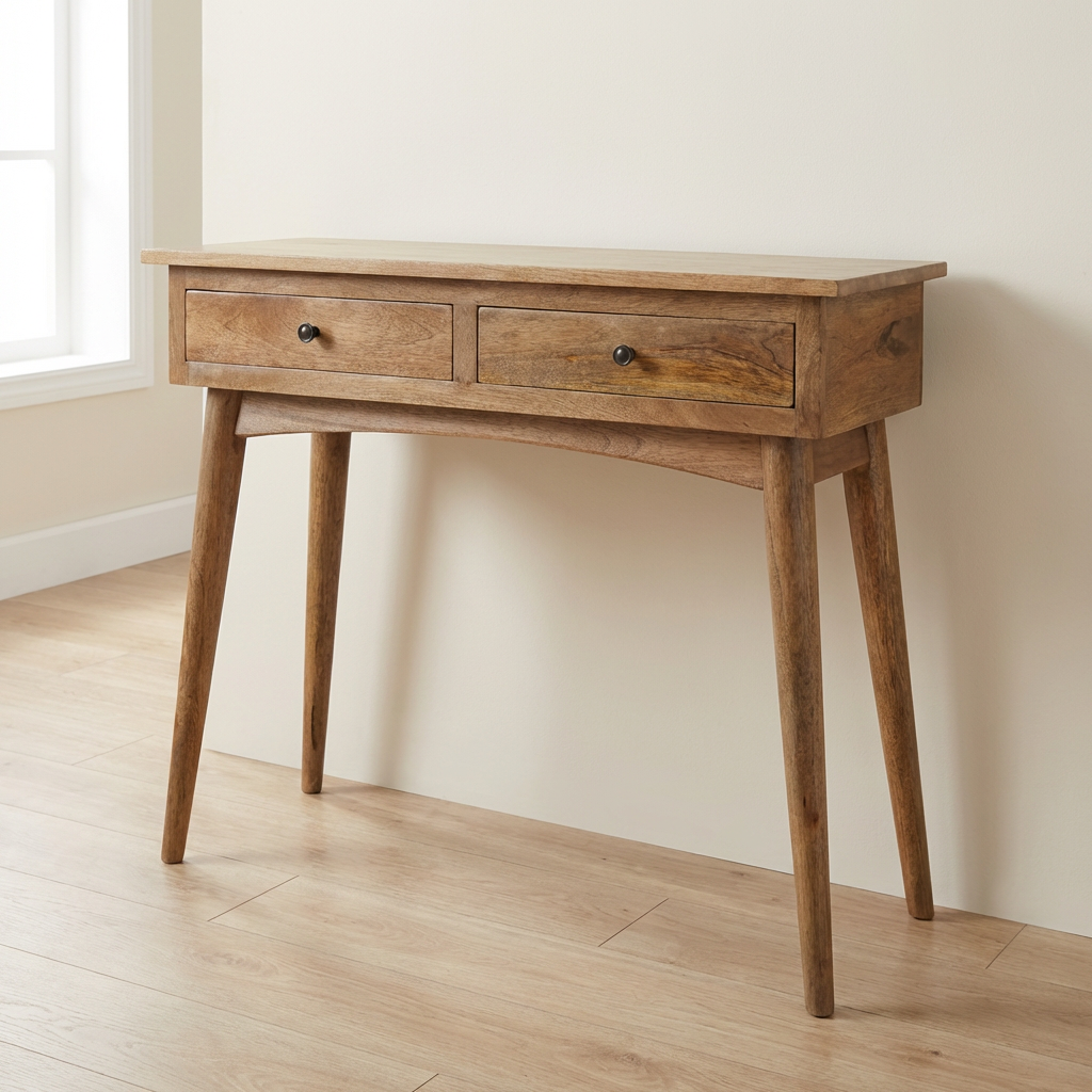 Mango wood hallway console table with two drawers, ideal for entryway storage and decoration.