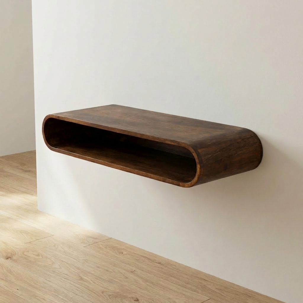 Arc Wall-Mounted Console Table in Chestnut Tone – Solid Mango Wood Floating Media Shelf