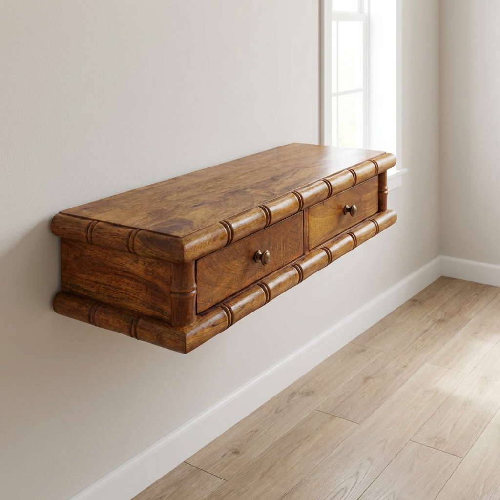 Bamboo Wall-Mounted Console Table in Amber Oak Tone - Solid Mango Wood Floating Console - main view showing handcrafted...