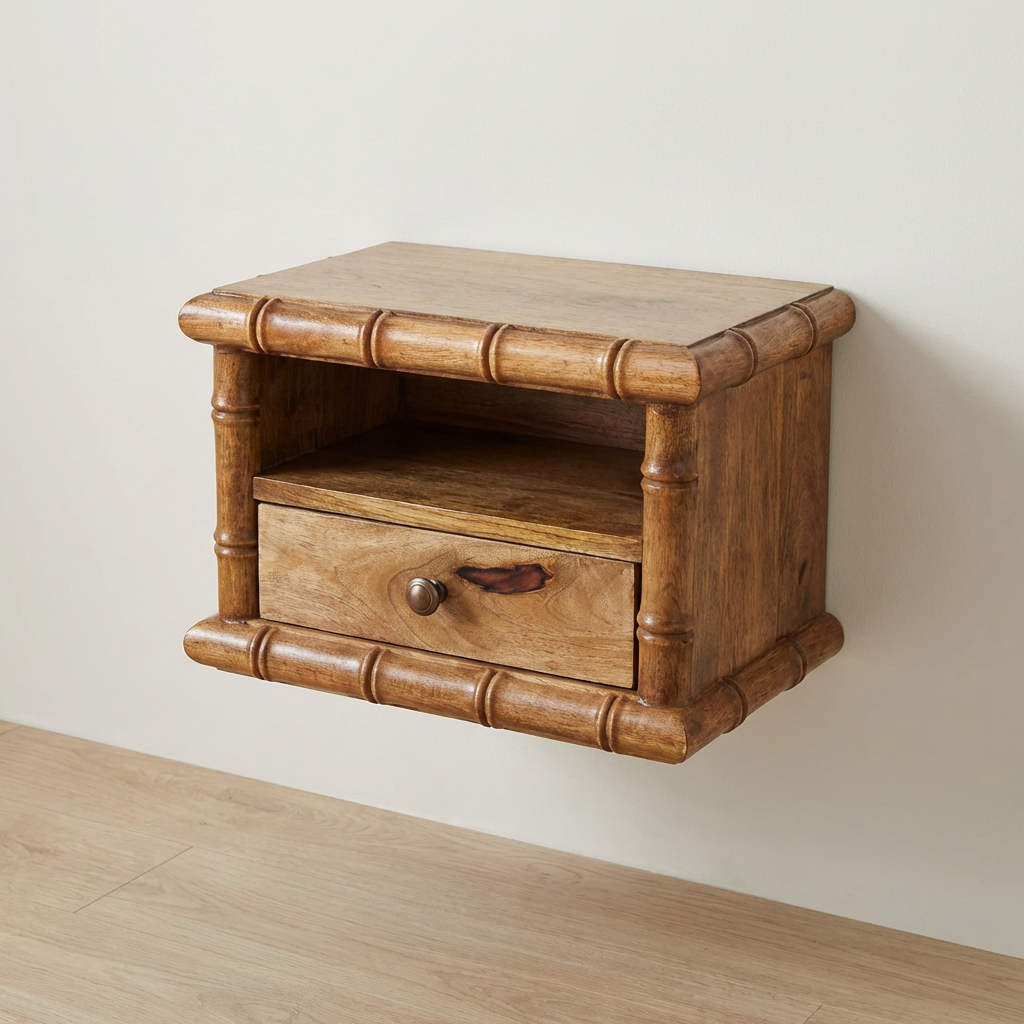 Bamboo Open Bedside Table in Amber Oak Tone - Solid Mango Wood Nightstand with Shelf - main view showing handcrafted...