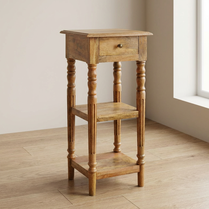 1 Drawer End Table with Shelves in Oak-ish Finish - Solid Mango Wood Side Table - main view showing handcrafted solid...