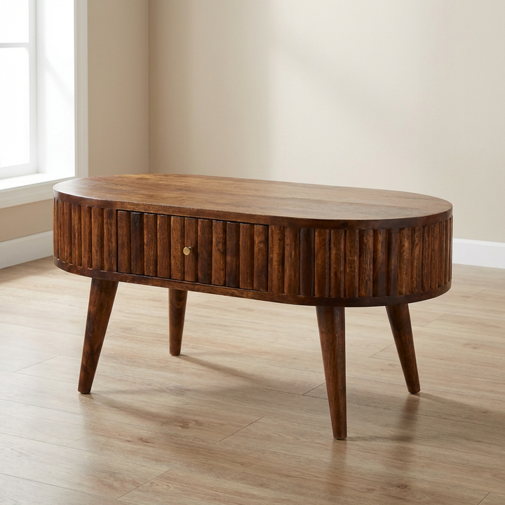 Stripe Chestnut Coffee Table - Solid Mango Wood Center Table for Living Room - main view showing handcrafted solid mango...