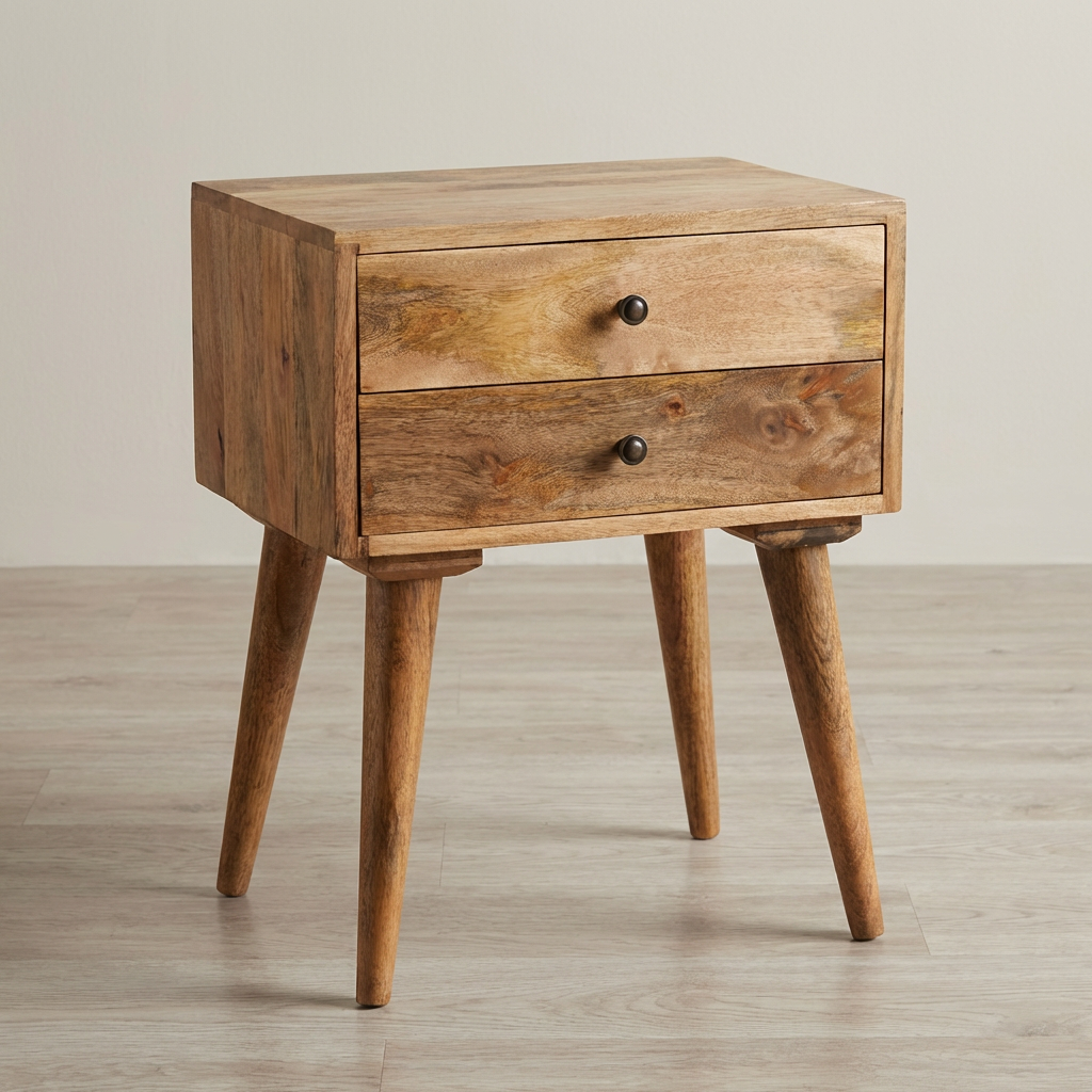 Solid Wood Nightstand - Solid Mango Wood Bedside Table for Bedroom - main view showing handcrafted solid mango wood...