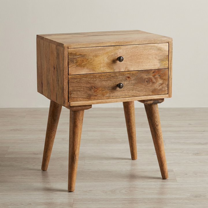 Solid Wood Nightstand - Solid Mango Wood Bedside Table for Bedroom - main view showing handcrafted solid mango wood...
