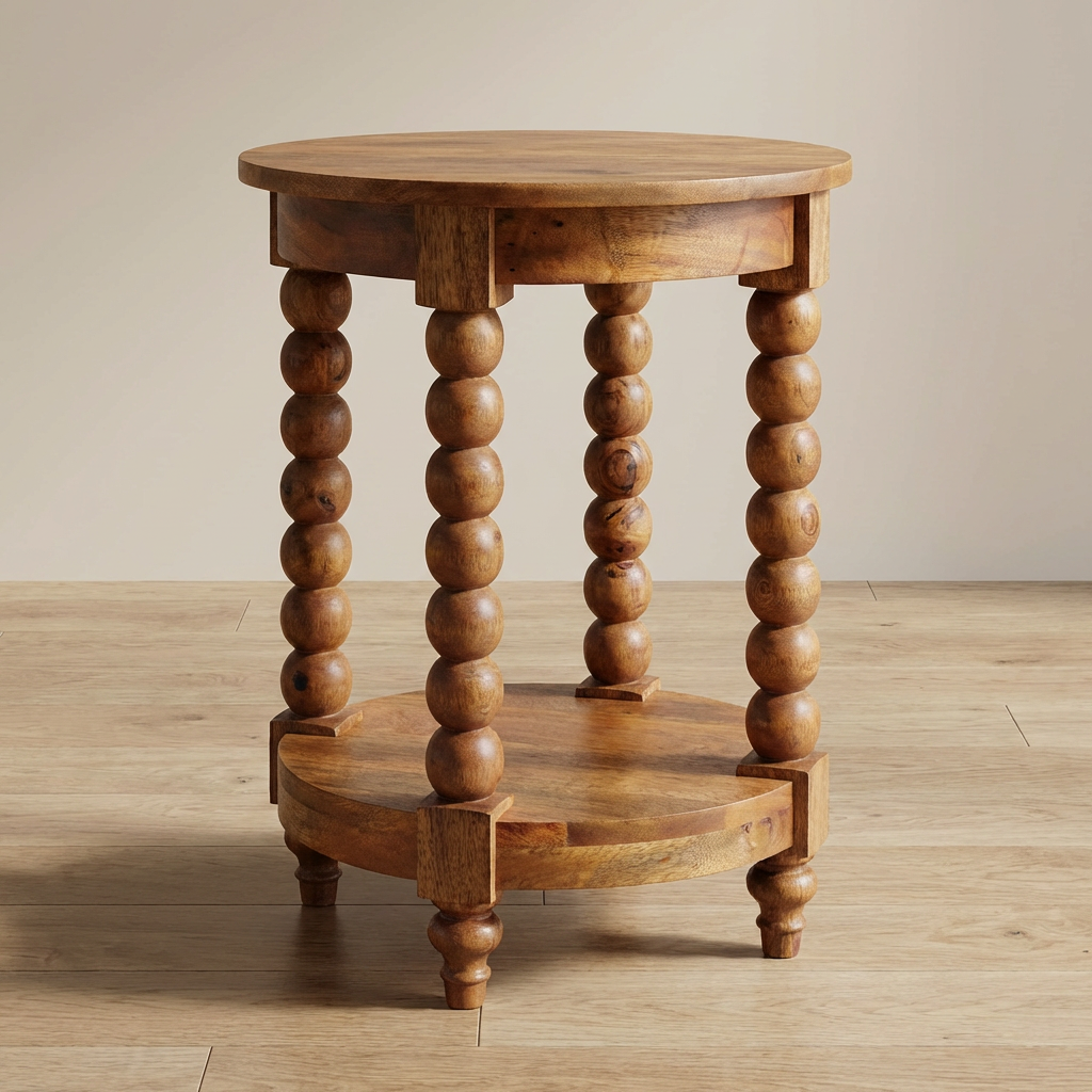 Barley Twist Round Golden Teak End Table - Solid Mango Wood Side Table for Living Room - main view showing handcrafted...