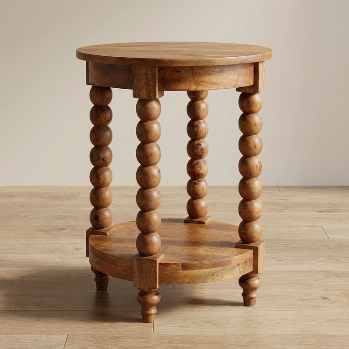 Barley Twist Round Golden Teak End Table - Solid Mango Wood Side Table for Living Room - main view showing handcrafted...