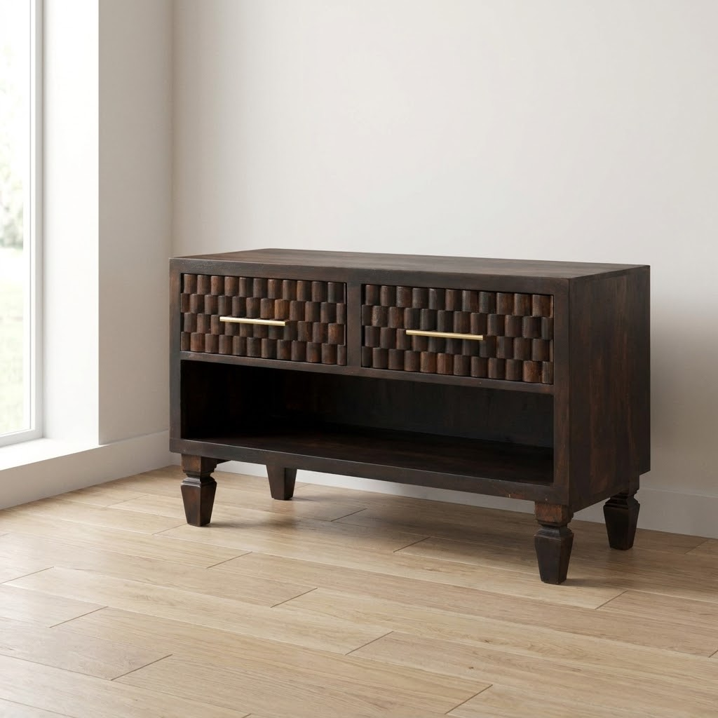 Handcrafted shoe storage unit made of solid wood with two drawers, perfect for stylish entryway organization.