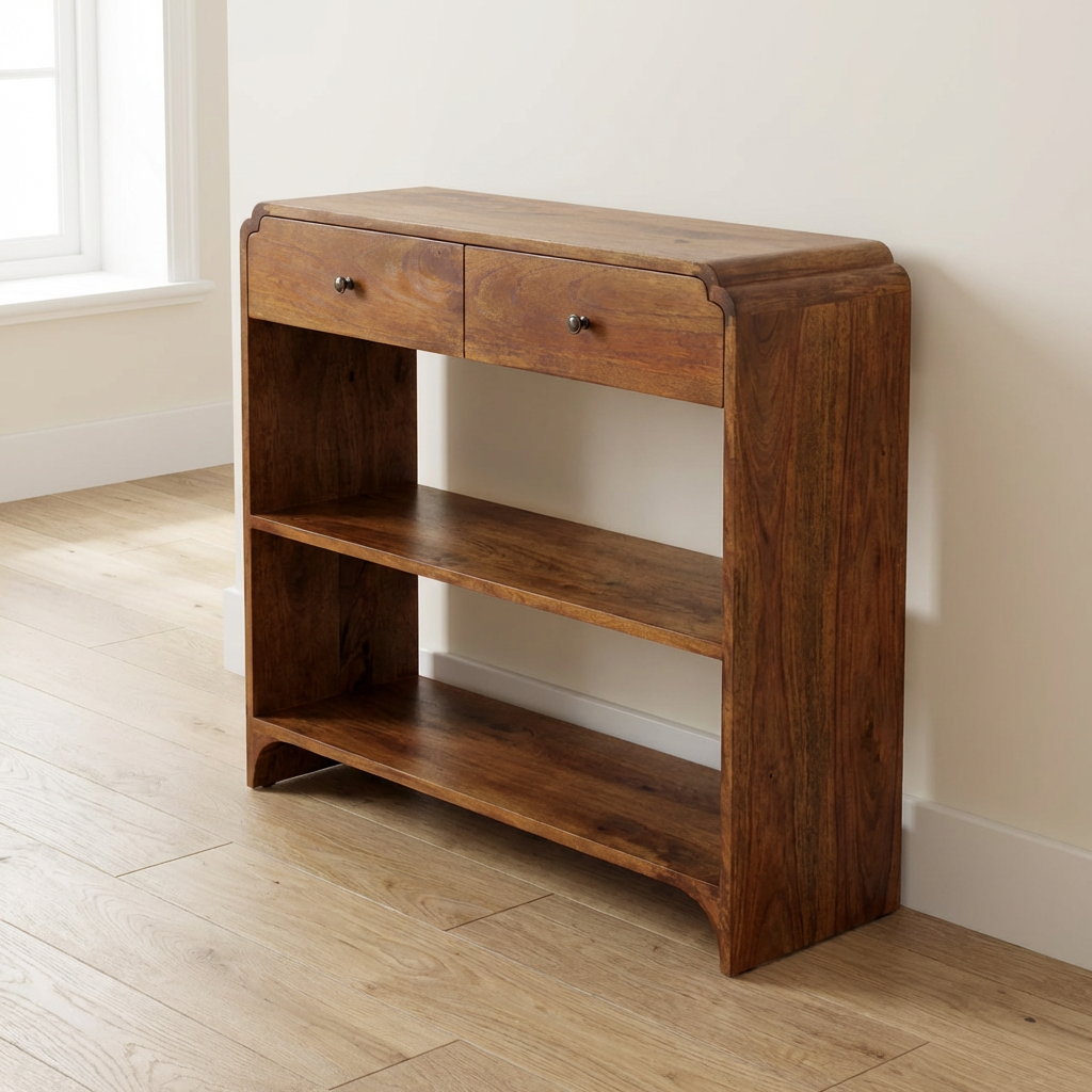 solid mango wood console table with two drawers and open shelves for entryway styling.