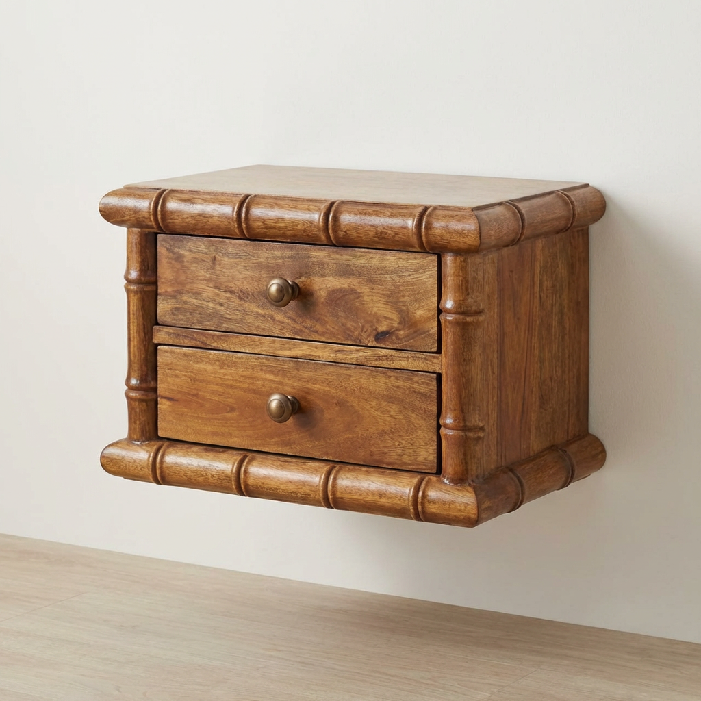Bamboo Bedside Table in Amber Oak Tone - Solid Mango Wood Nightstand - main view showing handcrafted solid mango wood...