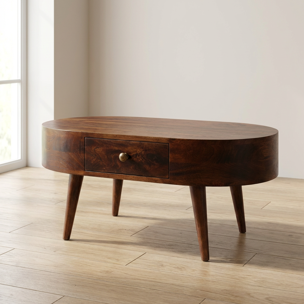 California Walnut Rounded Coffee Table - Solid Mango Wood Center Table for Living Room - main view showing handcrafted...