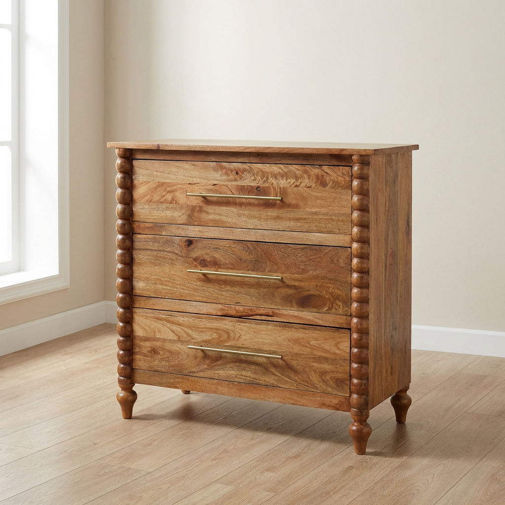 Spindle 3 Drawer Chest in Amber Oak Finish - Solid Mango Wood Chest of Drawers - main view showing handcrafted solid...