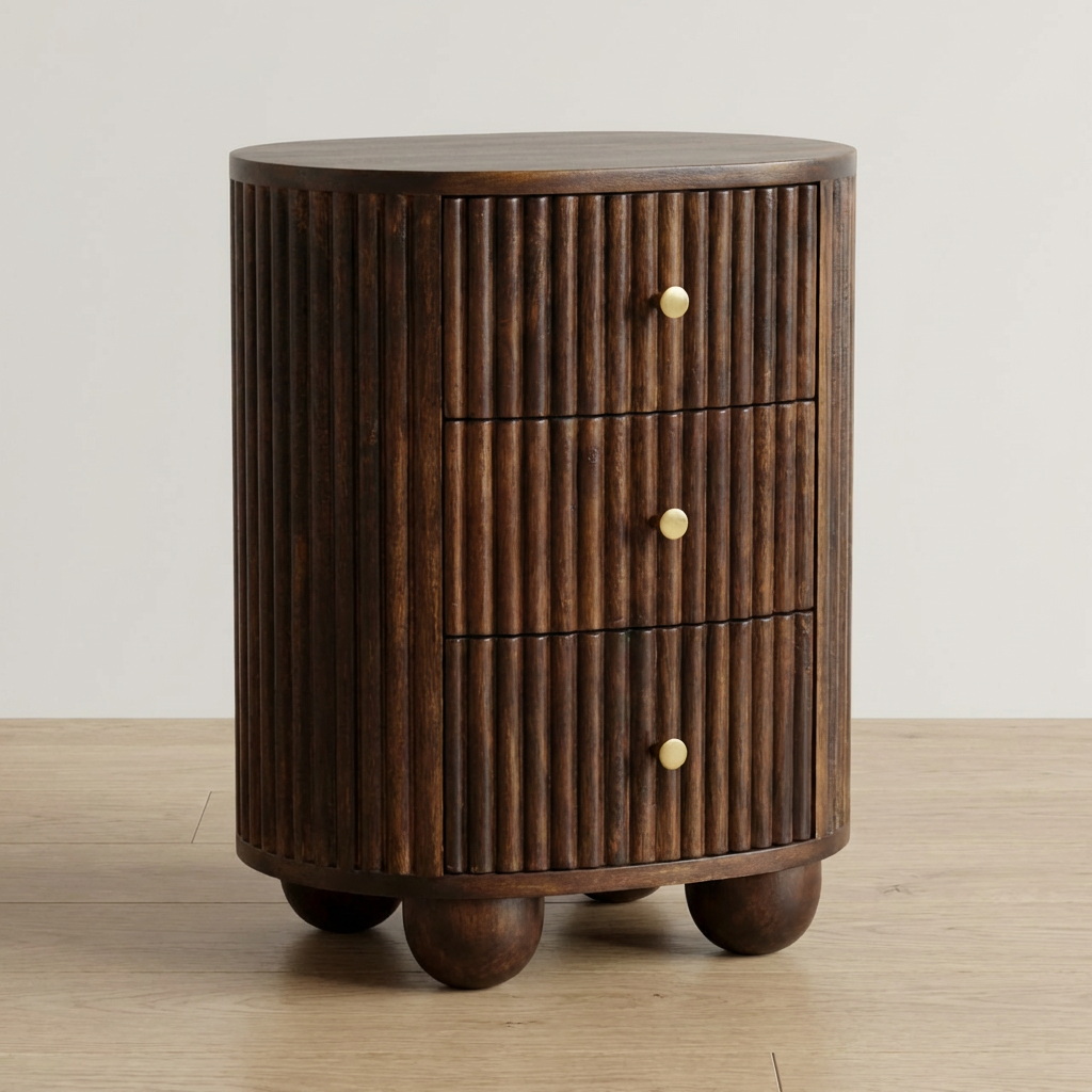 Curved Fluted 3-Drawer Nightstand - Solid Mango Wood Bedside Table for Bedroom - main view showing handcrafted solid...