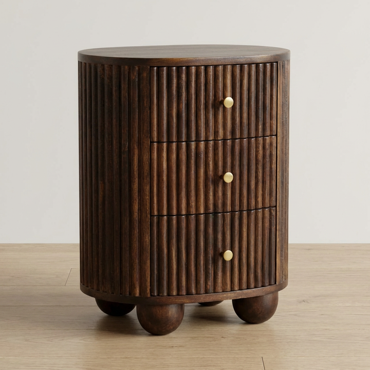 Curved Fluted 3-Drawer Nightstand - Solid Mango Wood Bedside Table for Bedroom - main view showing handcrafted solid...