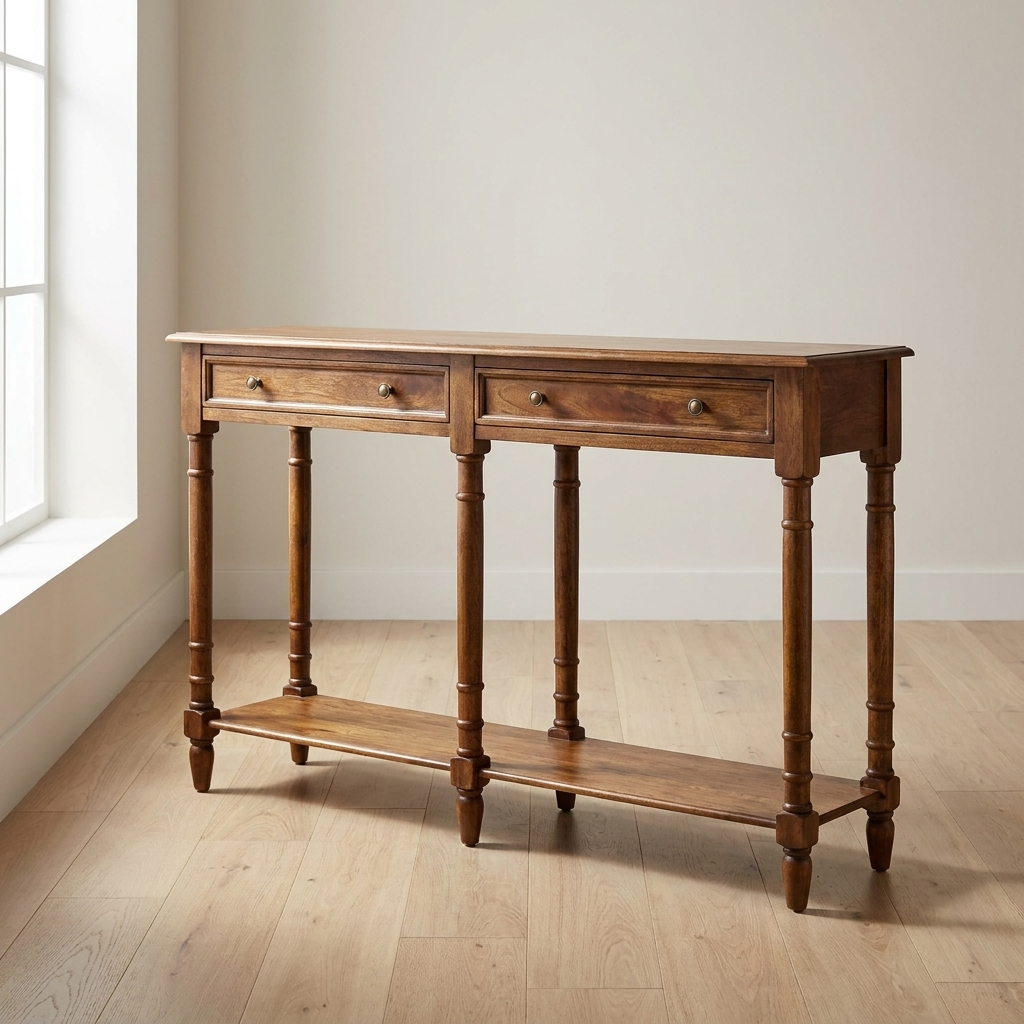 Functional 4 Drawer Hallway Console Table - Solid Mango Wood Hallway Console for Entryway - main view showing handcrafted...