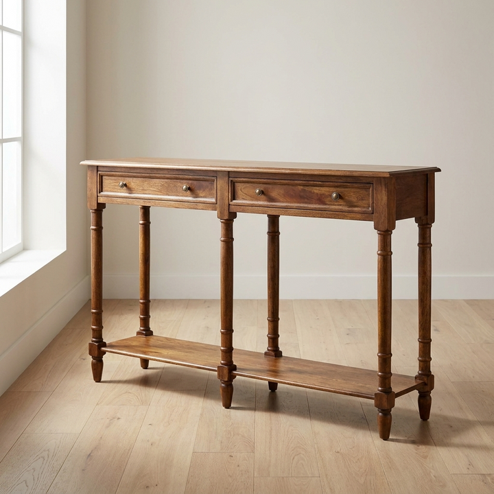 Functional 4 Drawer Hallway Console Table - Solid Mango Wood Hallway Console for Entryway - main view showing handcrafted...