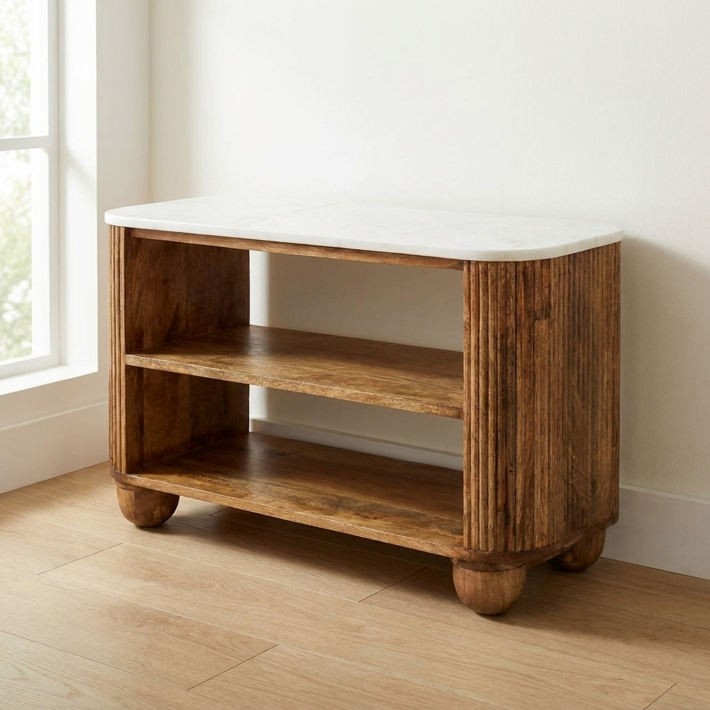 Rustic mango wood entryway bench with marble top and two spacious shelves, perfect for stylish home decor.
