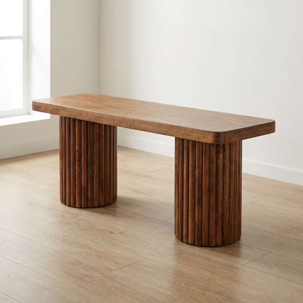 Astoria Fluted Bench - solid mango wood entryway bench with a rustic design, perfect for entryways and dining spaces.