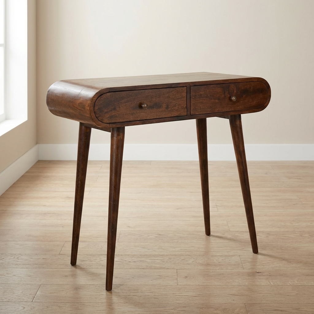Light Walnut Curved Edge Console Table - Solid Mango Wood Hallway Console for Entryway - main view showing handcrafted...