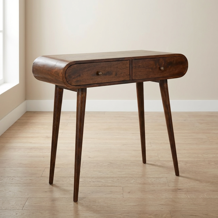 Light Walnut Curved Edge Console Table - Solid Mango Wood Hallway Console for Entryway - main view showing handcrafted...