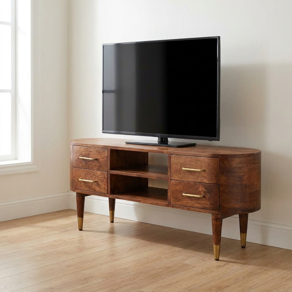 Mid-Century Modern Jetson Curve TV Stand - Solid Mango Wood Media Console for Living Room - main view showing handcrafted...