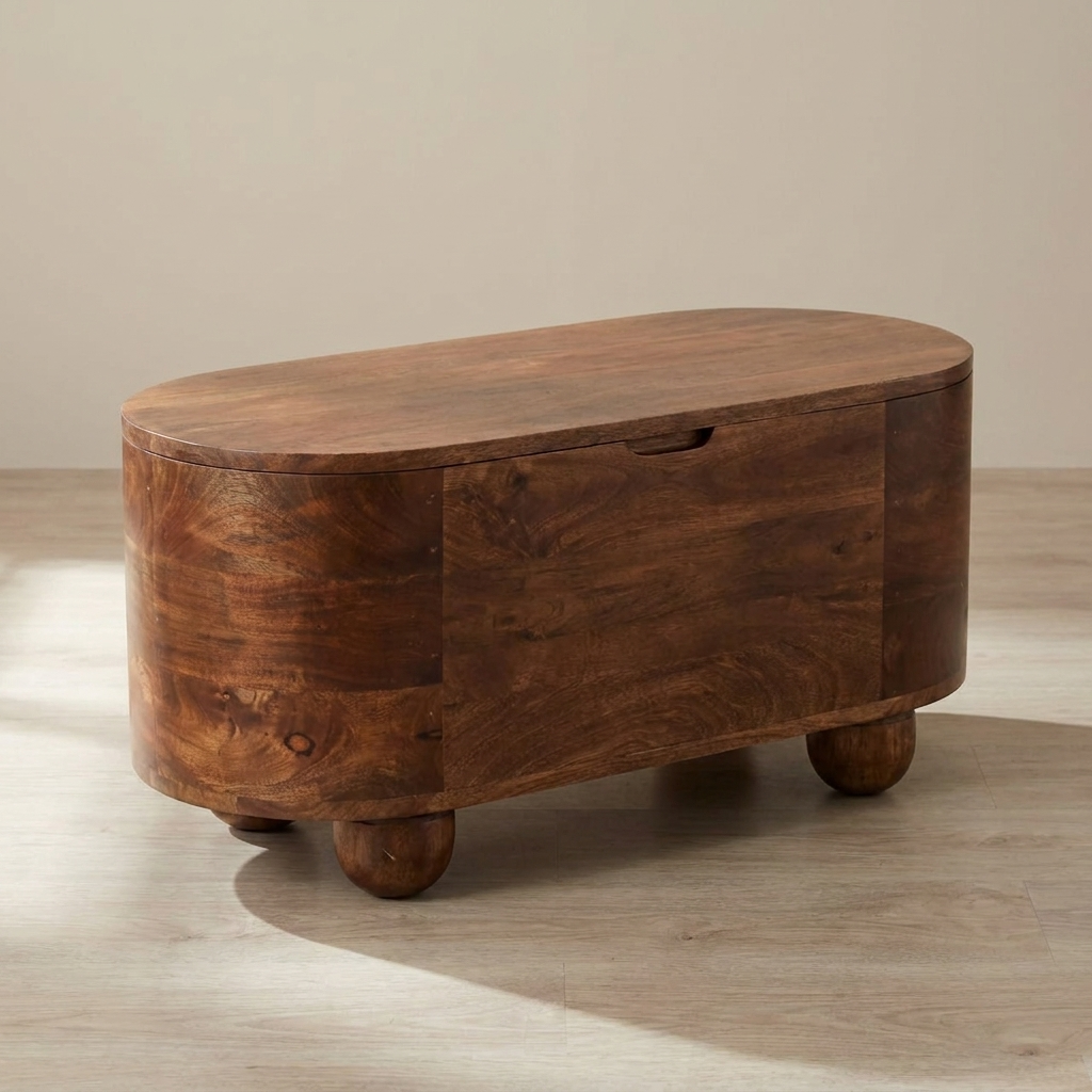 Rustic Curva Roasted Almond Storage Trunk - Solid Mango Wood Blanket Chest for Bedroom - main view showing handcrafted...