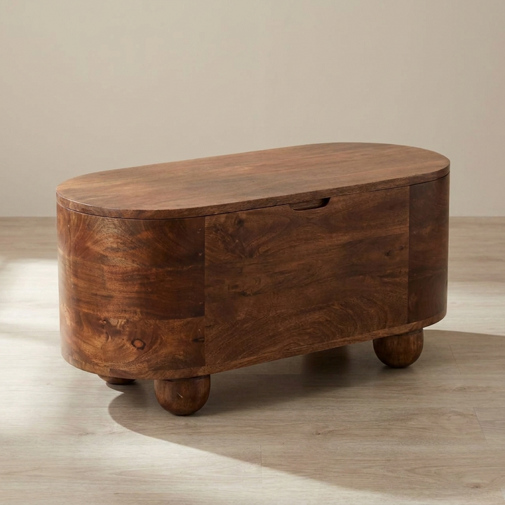 Rustic Curva Roasted Almond Storage Trunk - Solid Mango Wood Blanket Chest for Bedroom - main view showing handcrafted...
