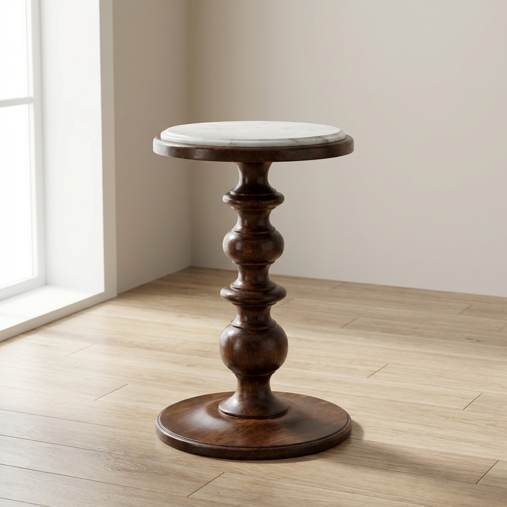 Bellmont Marble-Top End Table - Solid Mango Wood Side Table for Living Room - main view showing handcrafted solid mango...