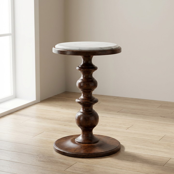 Bellmont Marble-Top End Table - Solid Mango Wood Side Table for Living Room - main view showing handcrafted solid mango...