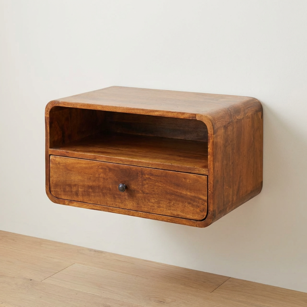 Handcrafted mango wood nightstand with drawer and open shelf, perfect for bedroom storage and decor.