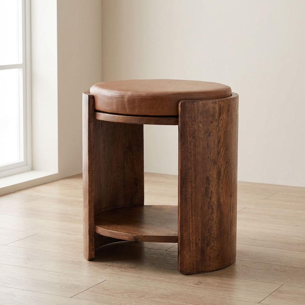 Handcrafted Savoy Leather Stool - Solid Mango Wood Accent Seating - main view showing handcrafted solid mango wood stool