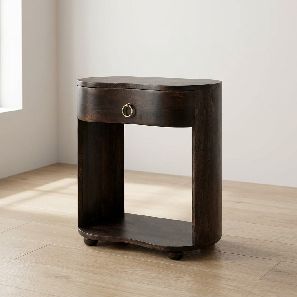 Handcrafted mango wood nightstand featuring a spacious drawer and open shelf, perfect for bedroom storage.