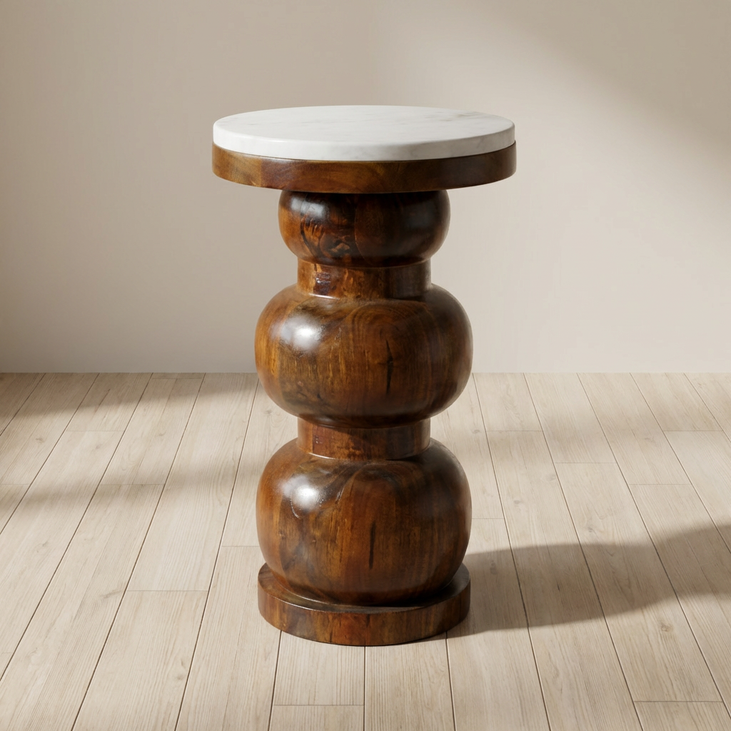 Marble Top Bulla End Table - Solid Mango Wood Side Table for Living Room - main view showing handcrafted solid mango wood...
