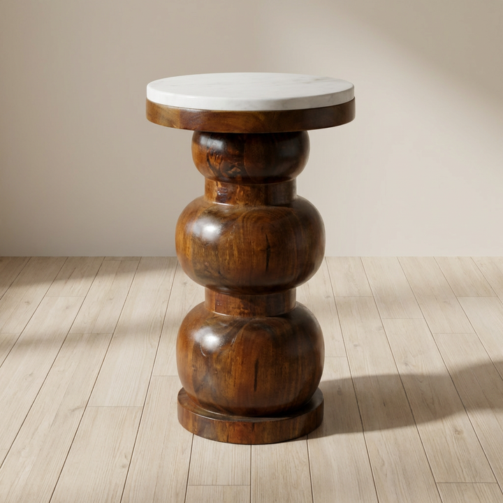 Marble Top Bulla End Table - Solid Mango Wood Side Table for Living Room - main view showing handcrafted solid mango wood...