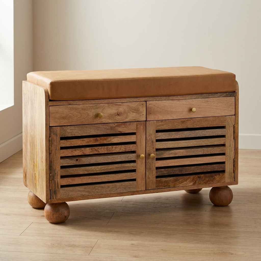Mango wood shoe organizer with leather cushion and slatted design, perfect for entryway storage.