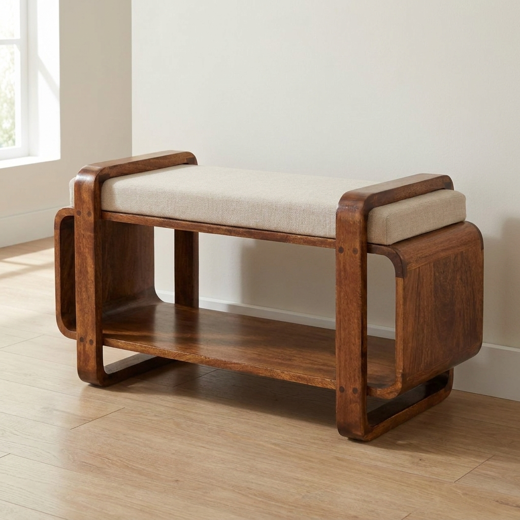 Handcrafted mango wood bench with upholstered seat and lower shelf, perfect for entryway seating.