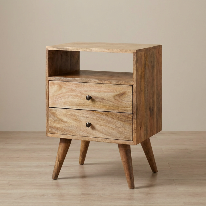 Classic Oak-ish Nightstand - Solid Mango Wood Bedside Table for Bedroom - main view showing handcrafted solid mango wood...