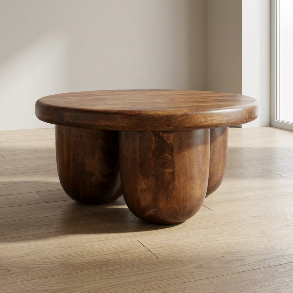 Clara Sculpted Coffee Table - Solid Mango Wood Center Table for Living Room - main view showing handcrafted solid mango...