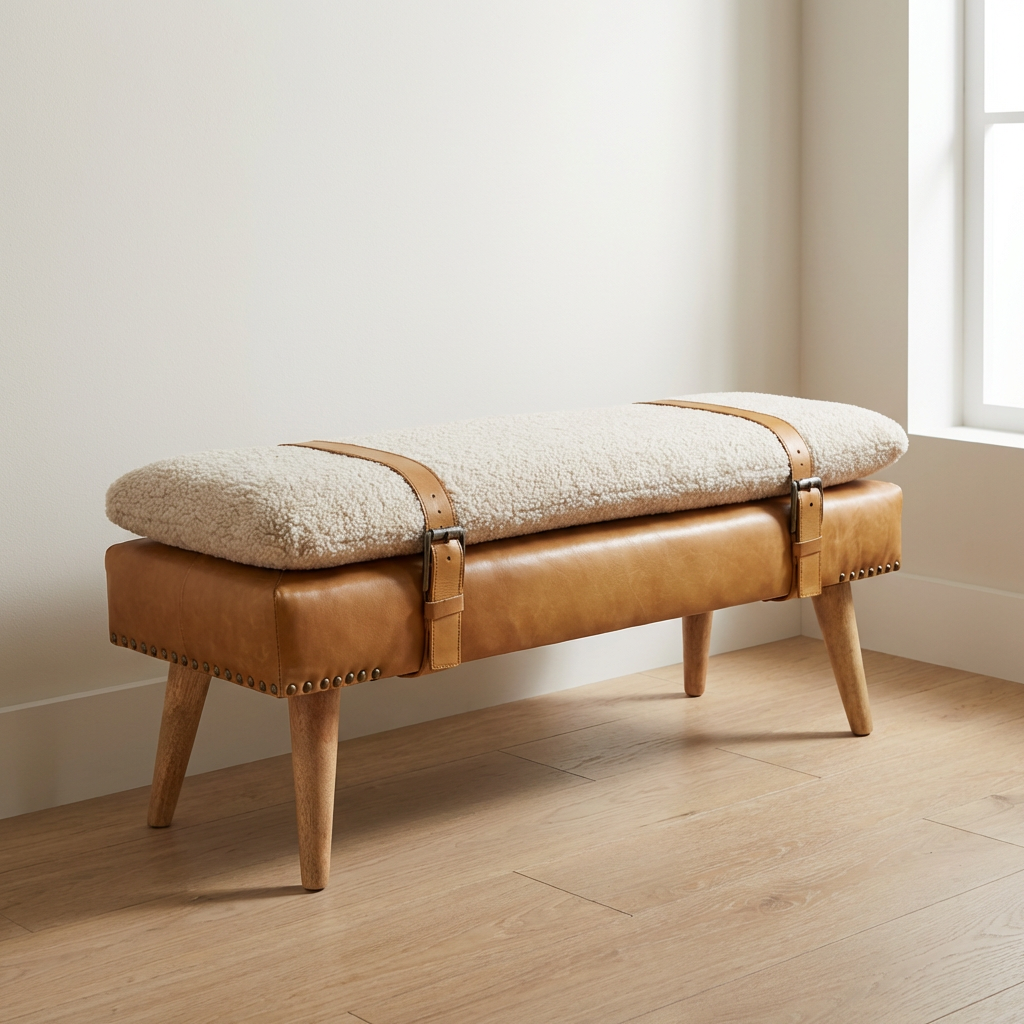Farmhouse Bouclé Buffalo Hide Tan Leather Bench - Solid Mango Wood Seating Furniture for Entryway - main view showing...