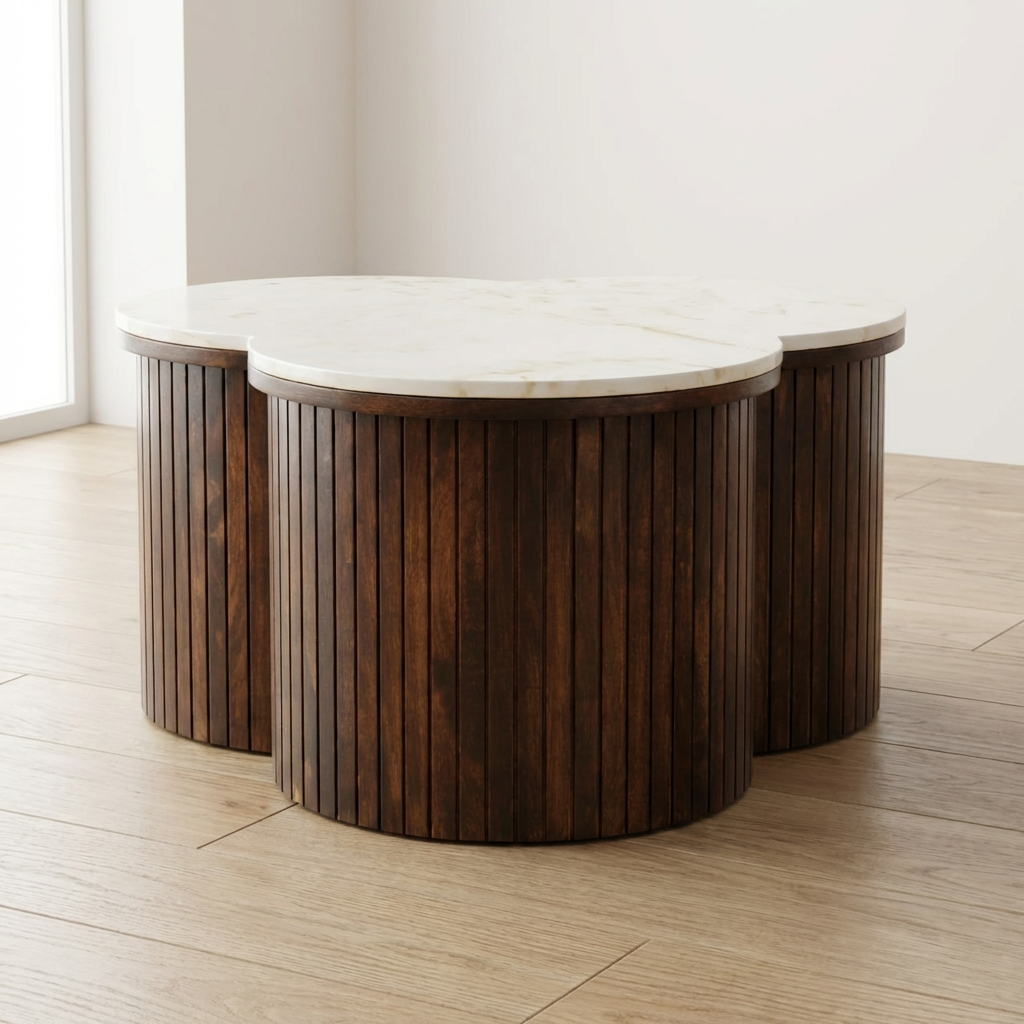 Verona Marble Coffee Table - Solid Mango Wood Center Table for Living Room - main view showing handcrafted solid mango...