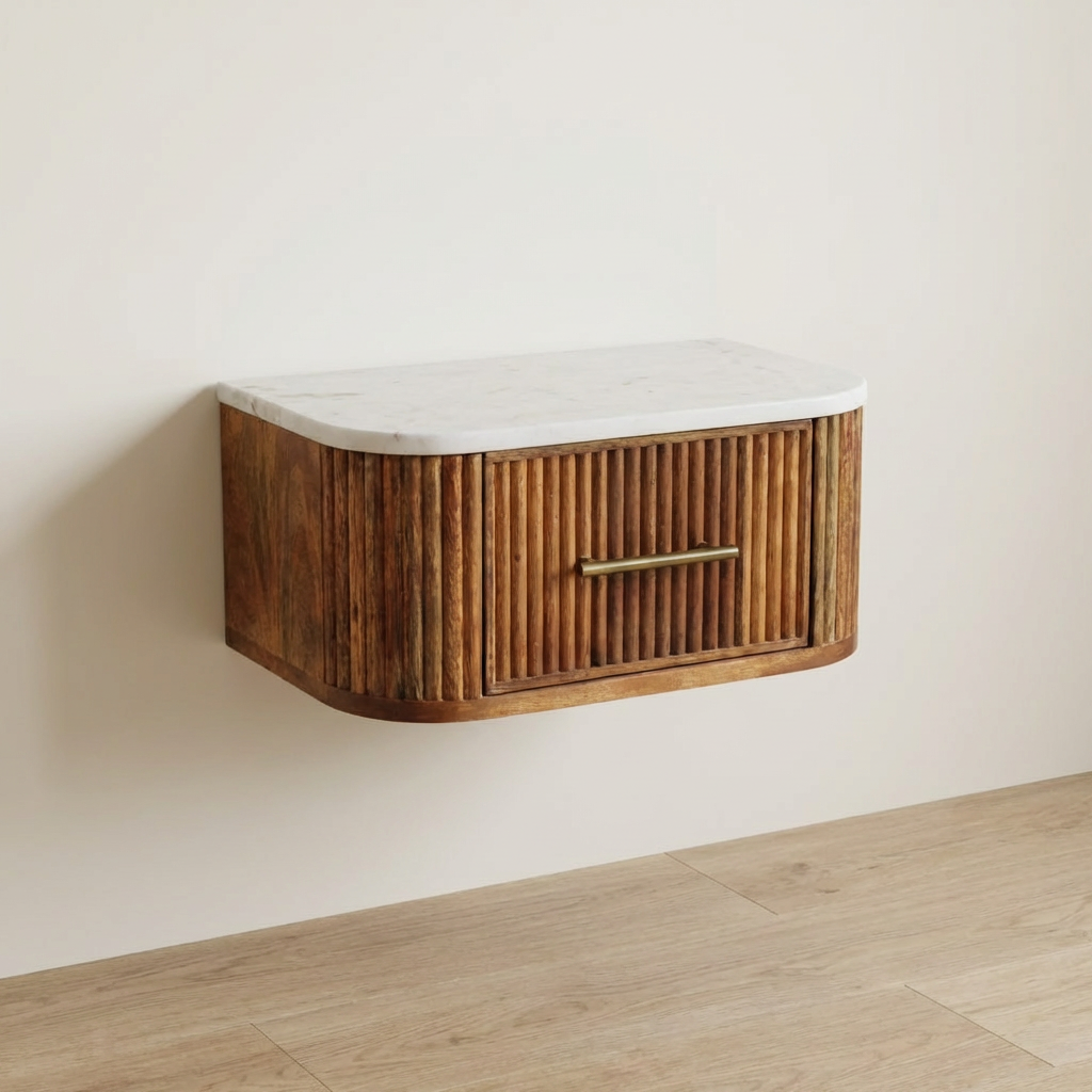 Handcrafted mango wood nightstand with marble top and ribbed drawer design, perfect for modern bedroom decor.