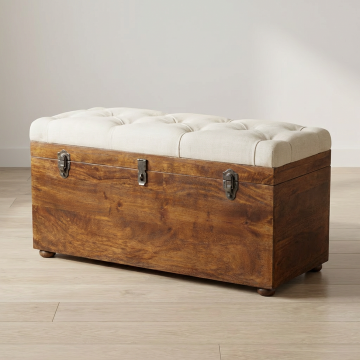Handcrafted White Linen Storage Trunk - Solid Mango Wood Blanket Chest for Bedroom - main view showing handcrafted solid...