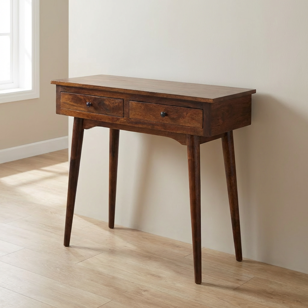 Chestnut Hallway 2 Drawer Console Table - Solid Mango Wood Hallway Console for Entryway - main view showing handcrafted...