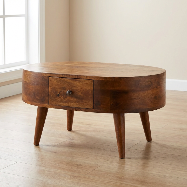 Mini Chestnut Rounded Coffee Table - Solid Mango Wood Center Table for Living Room - main view showing handcrafted solid...