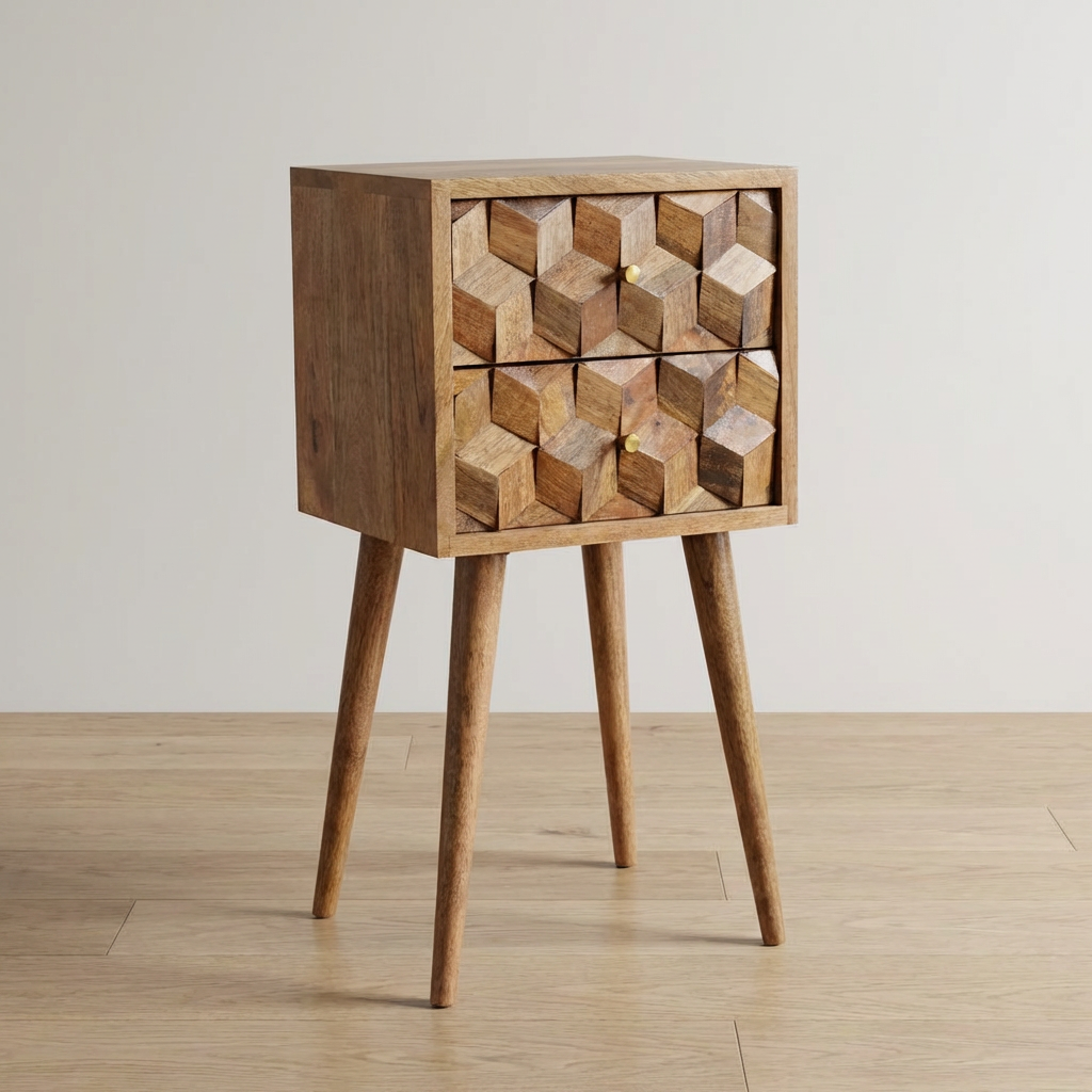 Carved Mini Cube 2 Drawer Nightstand - Solid Mango Wood Bedside Table for Bedroom - main view showing handcrafted solid...